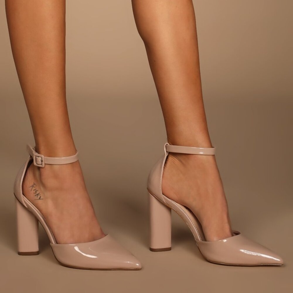 Syngo Light Nude Patent Pointed-Toe Ankle Strap Pumps